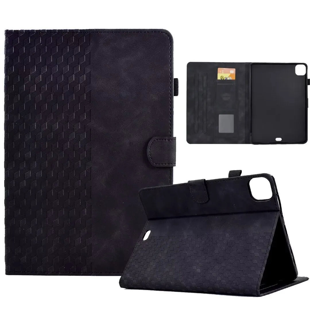 Diamond frosted leather iPad Pro 11 case with built-in card holder slots shown open.