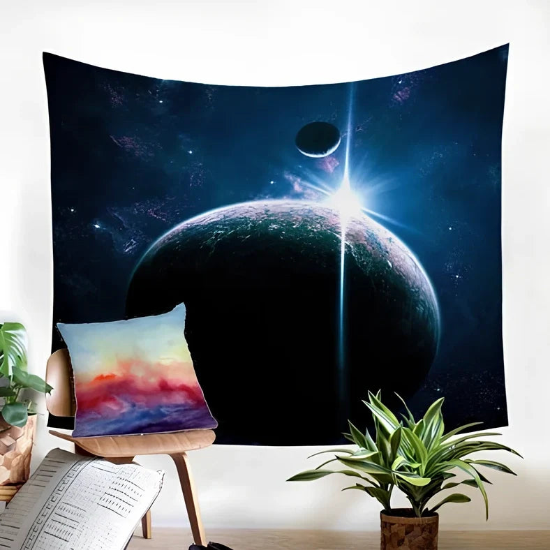 Plush polyester tapestry hung as wall decoration showing textured surface and dimensions of 150x100cm