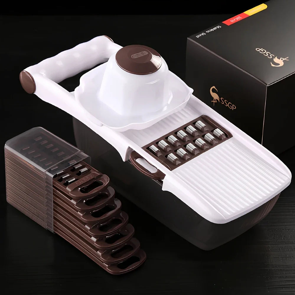 Brown multi-function vegetable chopper with stainless steel blades and safety protector, 28 cm long for slicing onions