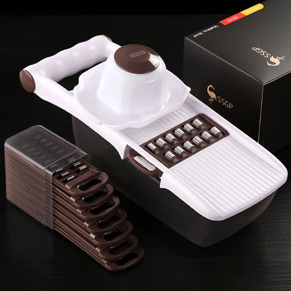 Brown multi-function vegetable chopper with stainless steel blades and safety protector, 28 cm long for slicing onions