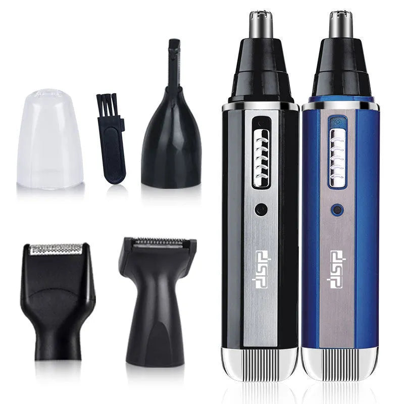 Electric shaver and hair trimmer for men with nose and eyebrow attachments, cordless electric operation available in blue, black, or silver colours with an ABS plastic construction for multi-functional grooming use