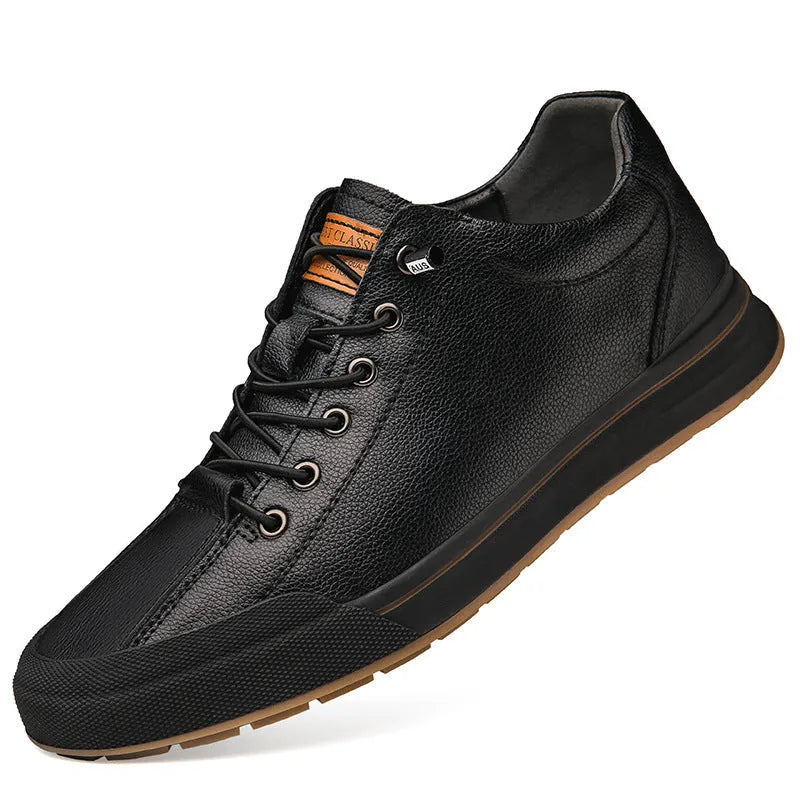 Men's white and black matte leather platform shoes with a 6cm sole and round toe on a plain background.