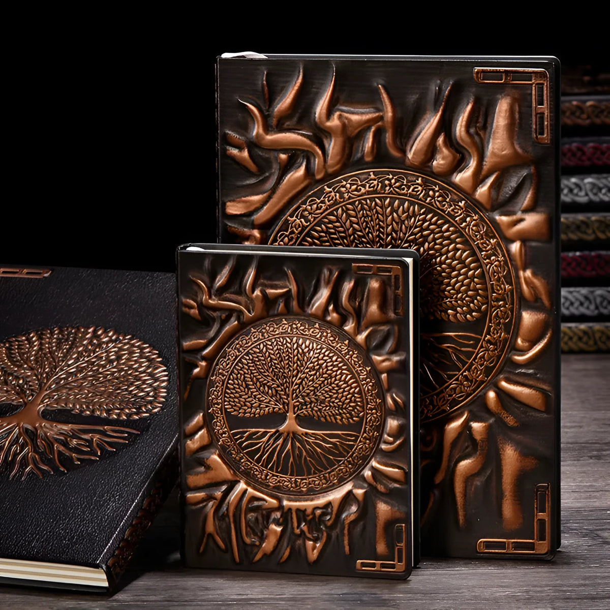 Tree of Life notebook with PU cover in red bronze, green bronze, silver, or deep red, available in A5 and A6 sizes