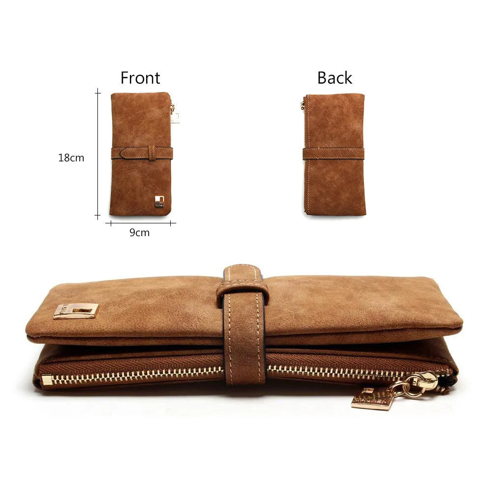 Korean-style retro matte leather long wallet in army green with zip closure and multiple interior card slots