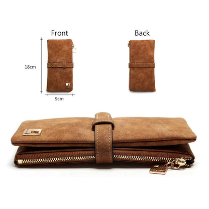 Korean-style retro matte leather long wallet in army green with zip closure and multiple interior card slots
