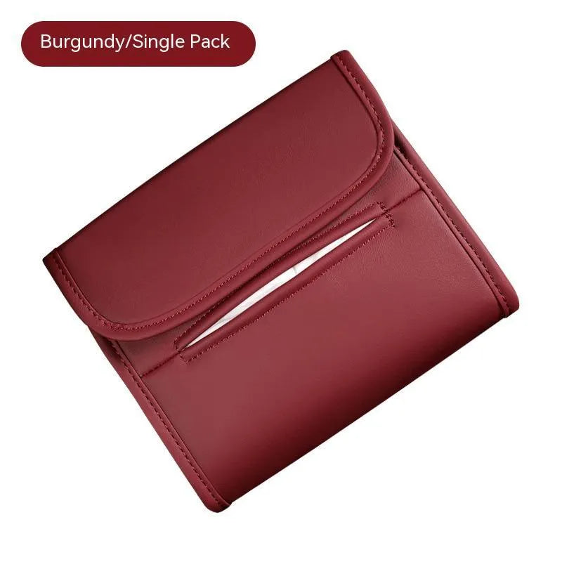 Leather car tissue box holder mounted on vehicle sun visor with elastic band installation