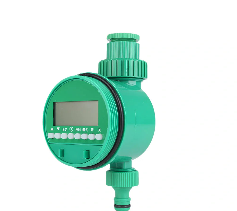 Green home garden irrigation controller with LCD display showing watering schedule and time