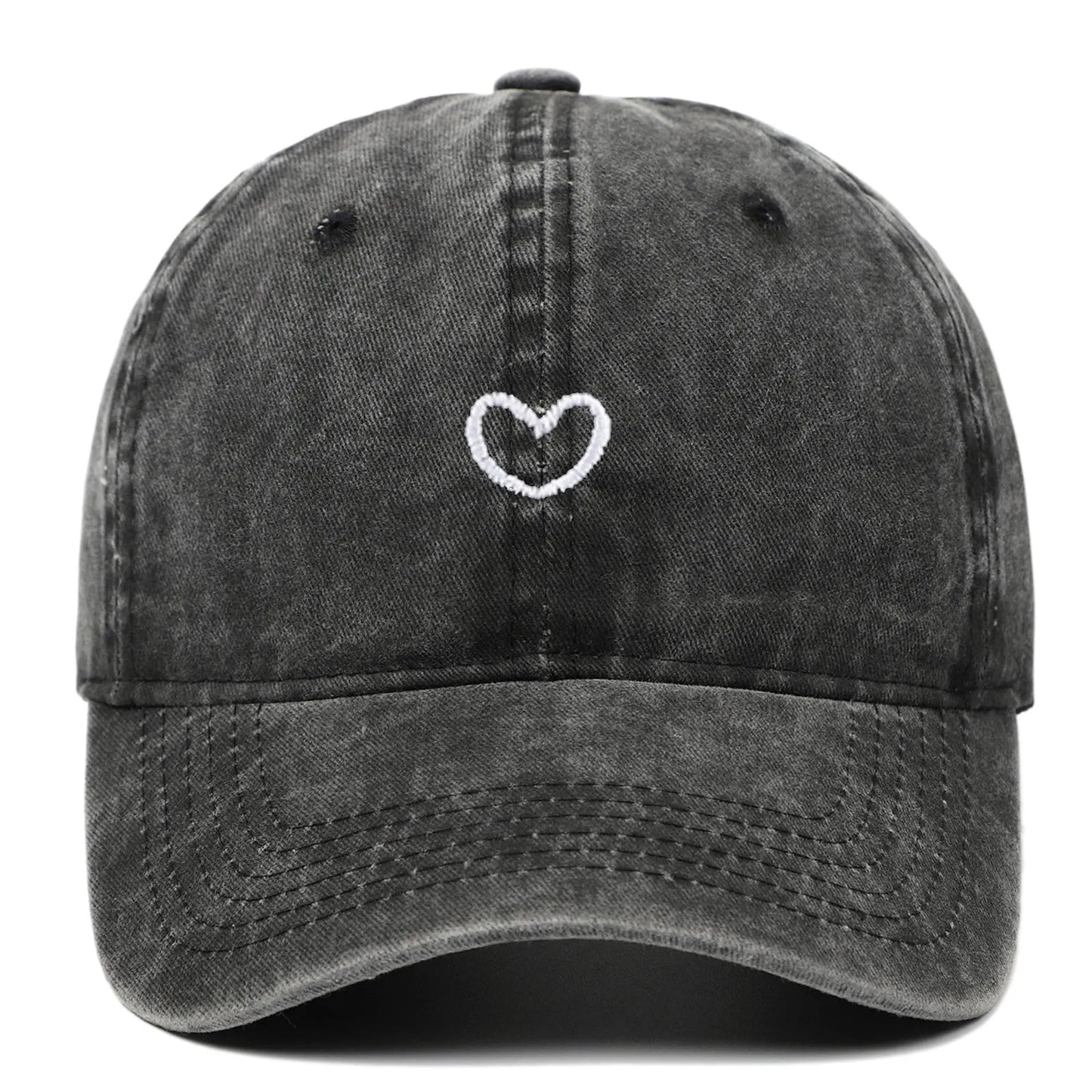 Adjustable cotton baseball cap with embroidered retro love design in various colours.
