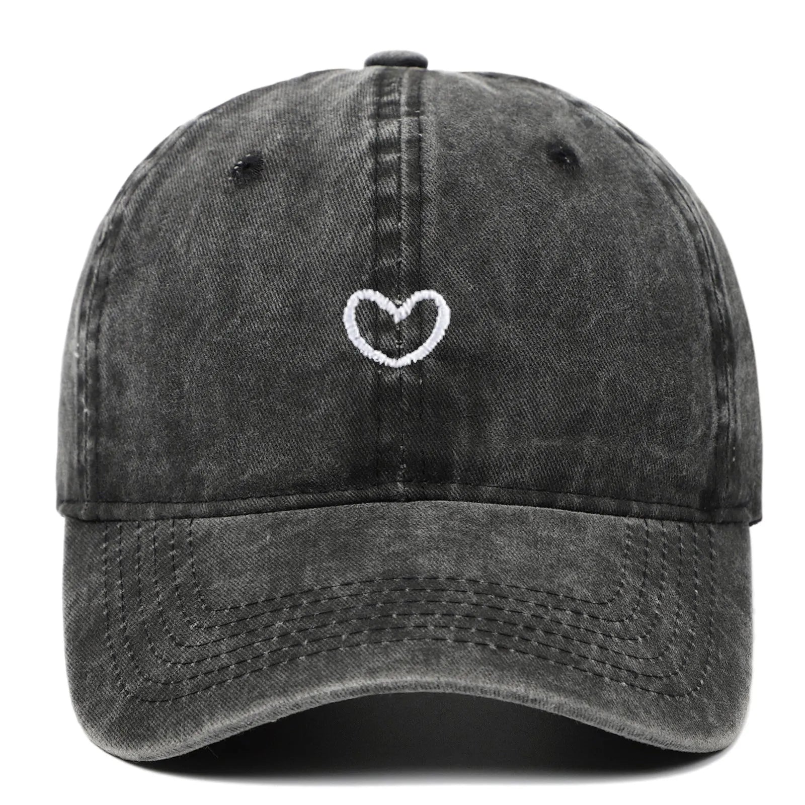 Adjustable cotton baseball cap with embroidered retro love design in various colours.