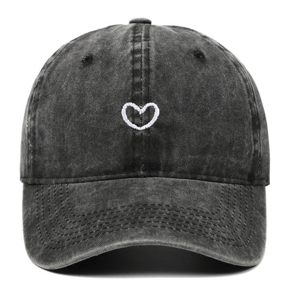 Adjustable cotton baseball cap with embroidered retro love design in various colours.