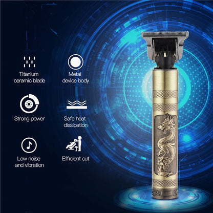 Professional hair clippers with USB charging stand, spare battery, and cleaning tools on salon counter