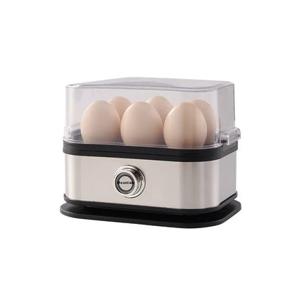 Black stainless steel portable egg boiler with power cord and international adapters for American, European, British standards