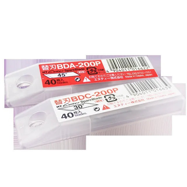 NT Cutter replacement blades set showing BDC-200P 30-degree and BDA-200P 45-degree blade packs