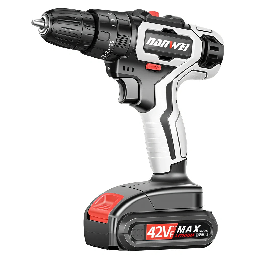 Rechargeable lithium electric drill with pistol grip and 10mm chuck, showing 20cm by 25cm dimensions