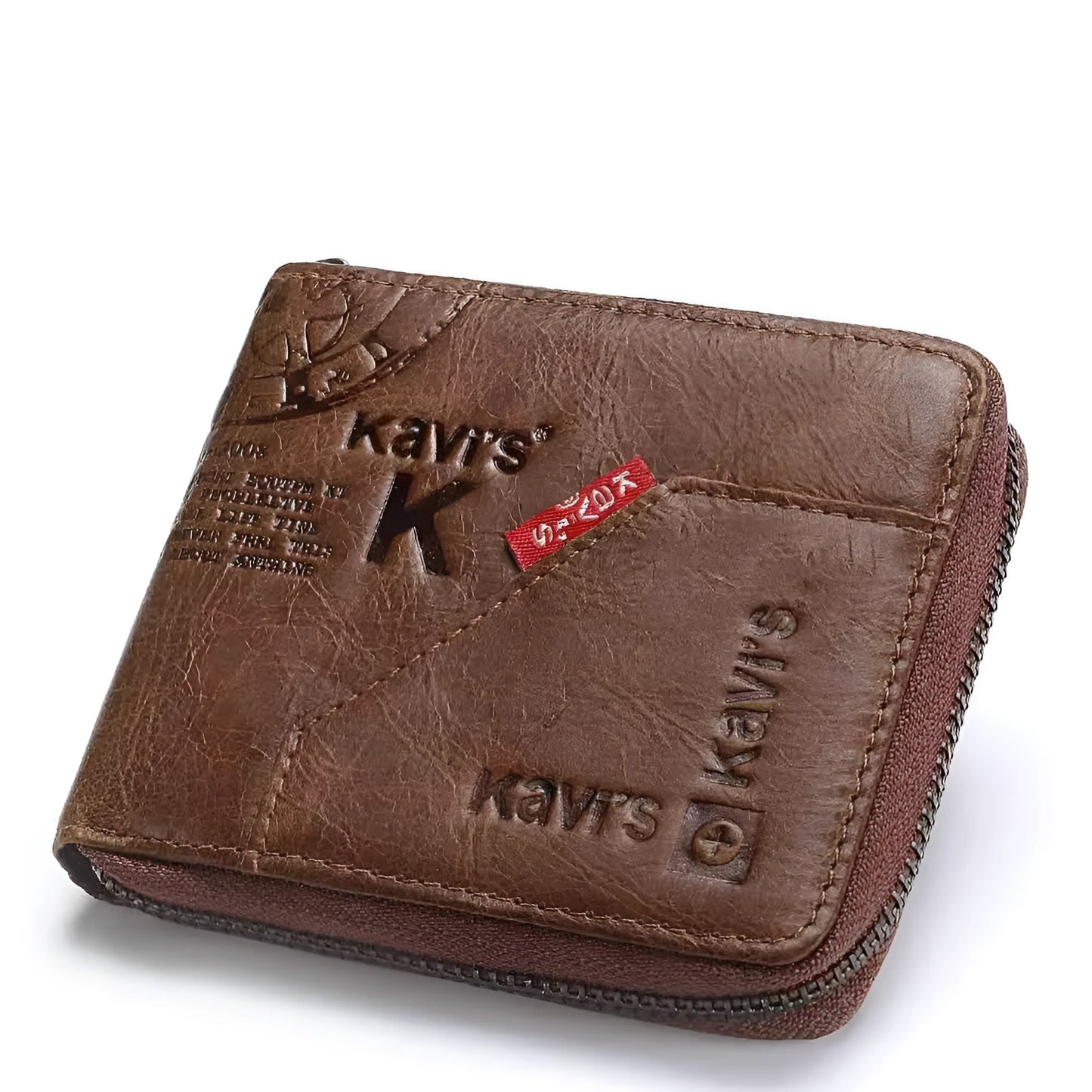 Men's coffee-colour genuine leather wallet with vintage locomotives pattern and multiple internal compartments