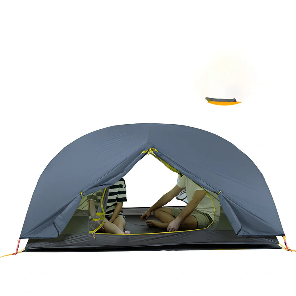 Phantom Blue two-person silicone tent with aluminium poles showing waterproof construction