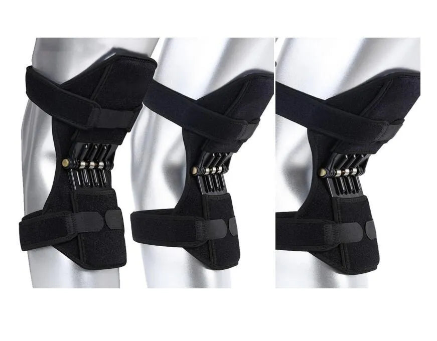 Adjustable spring knee brace for sports support in black, shown with straps.