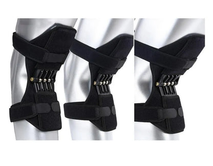 Adjustable spring knee brace for sports support in black, shown with straps.