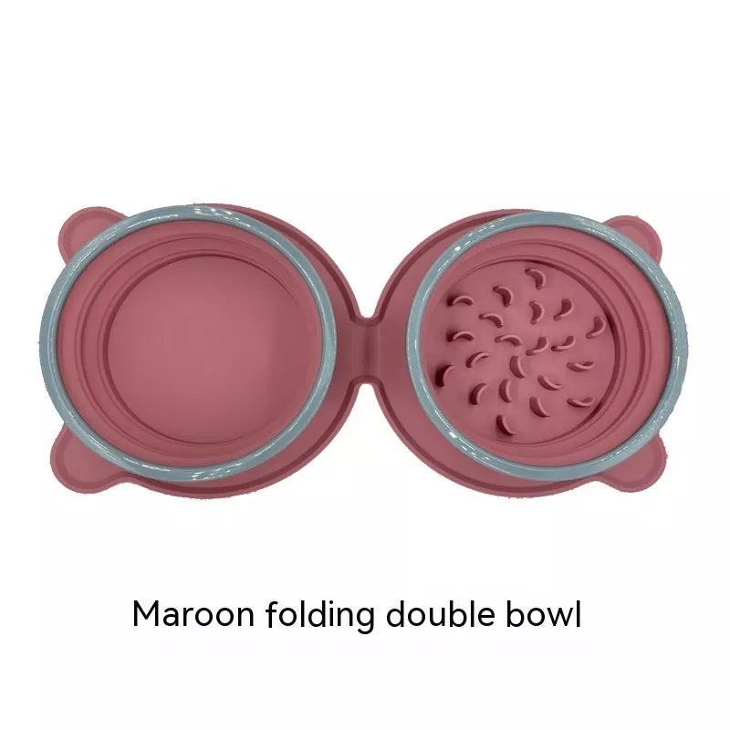 Foldable silicone double pet bowl with non-slip base in various colors