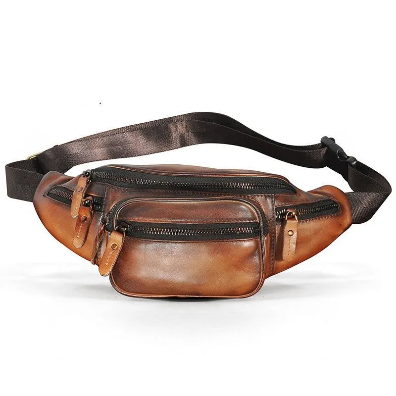Retro style brown cowhide leather messenger bag with a single shoulder strap.
