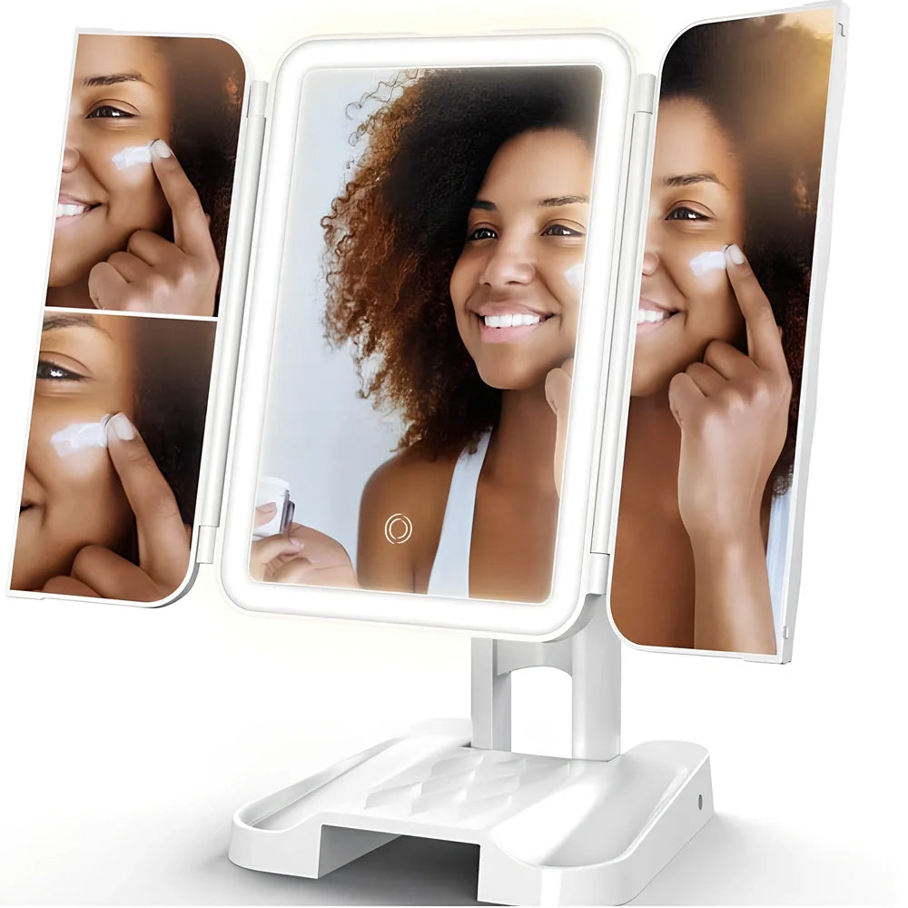 White LED makeup mirror with folded design showing rotation mechanism and magnification lenses