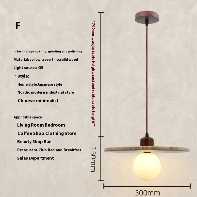Retro yellow cave stone pendant light with iron body and yellow marble lampshade, hanging wire LED bedside chandelier