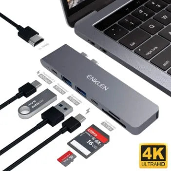 Black aluminium alloy USB C adapter with SD card slot, Thunderbolt 3, HDMI, and USB ports