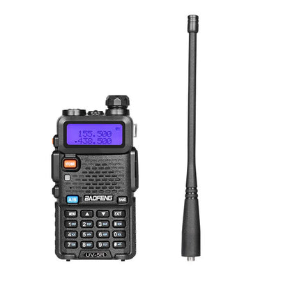 Black walkie talkie with LCD display showing 128 channels, compact dimensions of 110x58x32mm.