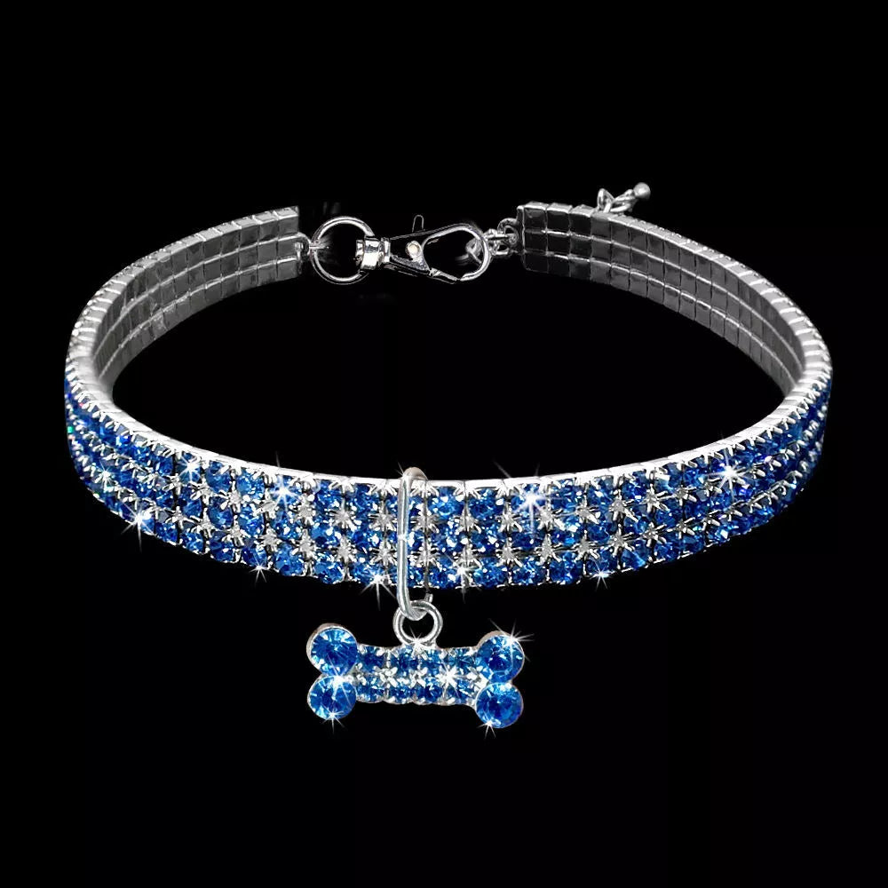 Adjustable bling rhinestone dog collar for small to medium pets in blue, white, and pink