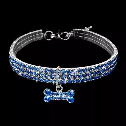 Adjustable bling rhinestone dog collar for small to medium pets in blue, white, and pink