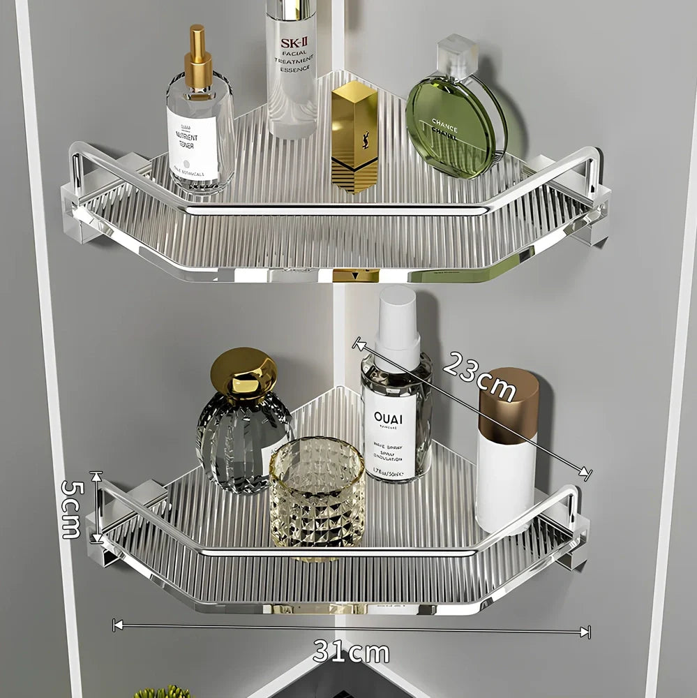 Acrylic bathroom shelving unit with space aluminium frame in gold finish showing three-tier configuration