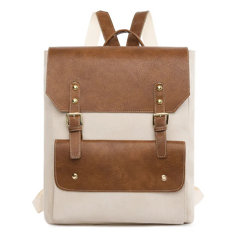 Korean retro style backpack showing ventilation channels on back panel, front view with zipper closed