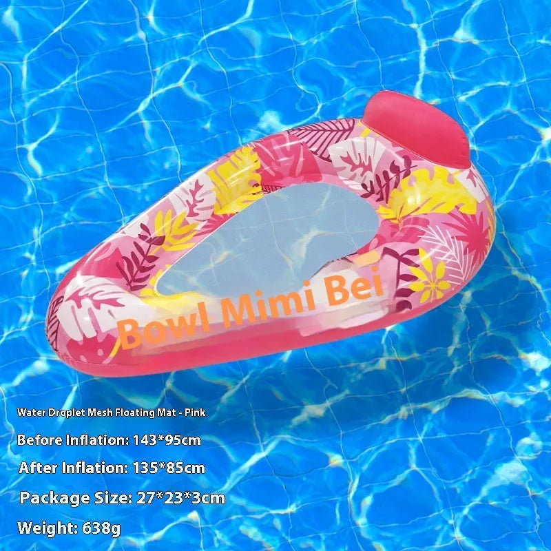A person lounging on a large, colourful inflatable floating row with sequin details in a swimming pool.