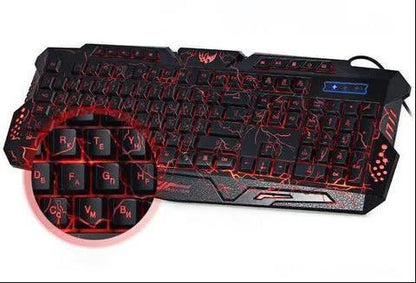 Black USB gaming keyboard with blue purple red LED backlight, 49cm x 19cm, laser-engraved keys, adjustable stand