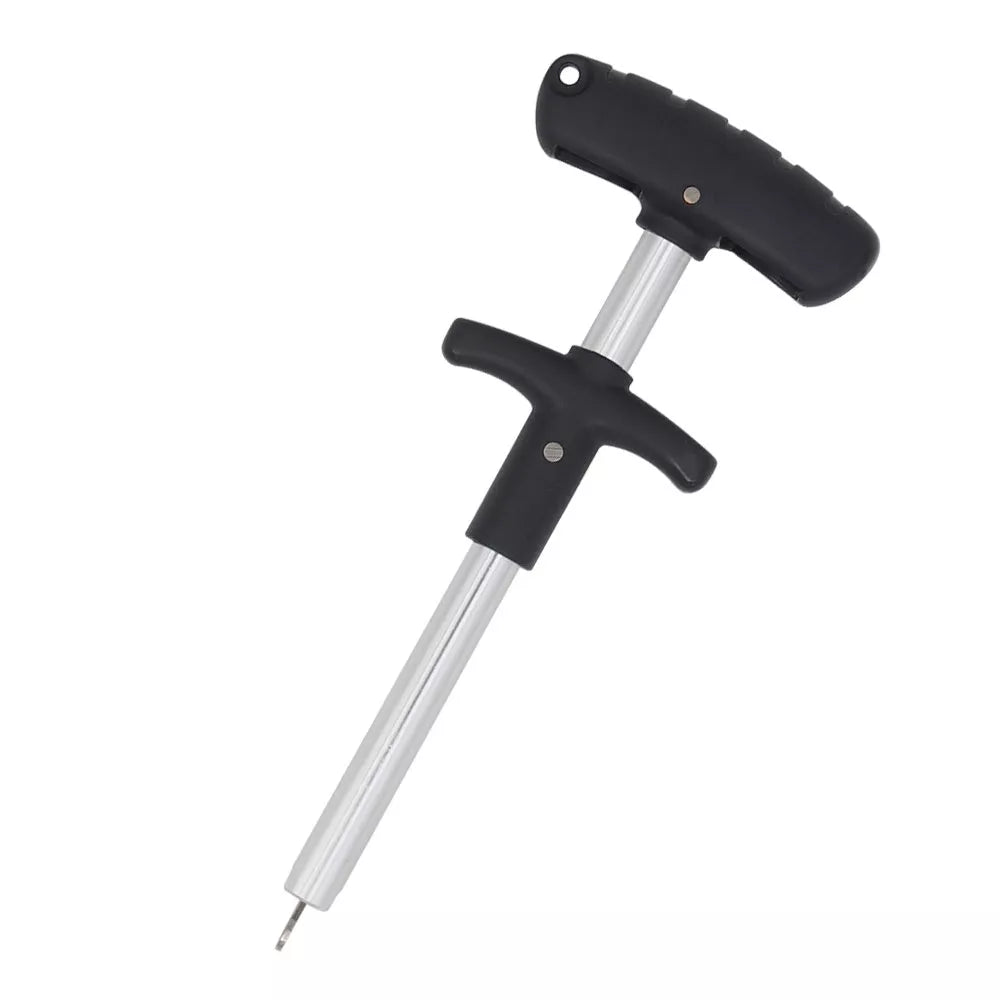 Portable T-shaped hook extractor for safe fishing in black, yellow, blue, and orange