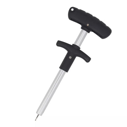 Portable T-shaped hook extractor for safe fishing in black, yellow, blue, and orange