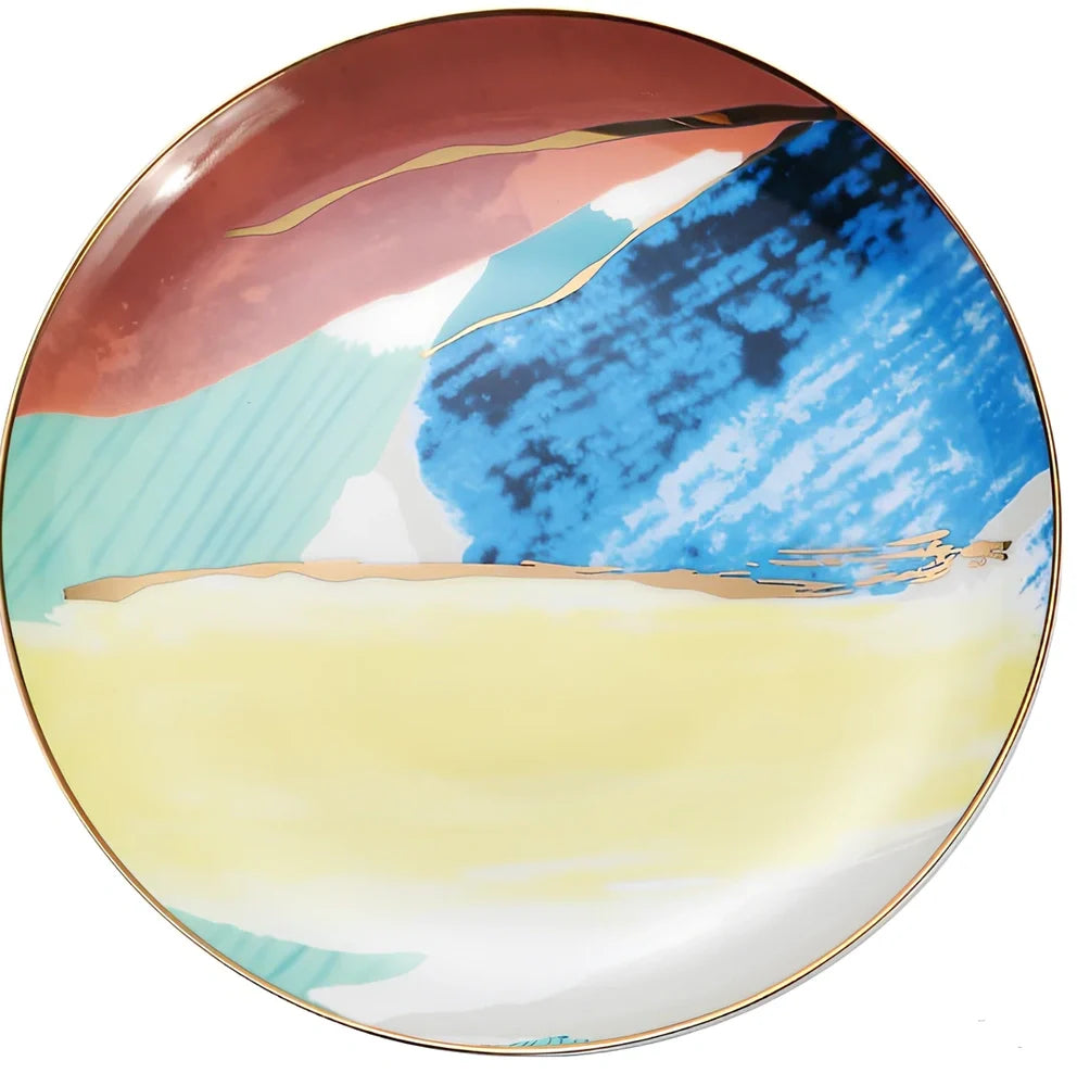 Watercolor dessert plates set in pink with 26.5 cm diameter, 45% bone china, real gold edges on handmade porcelain