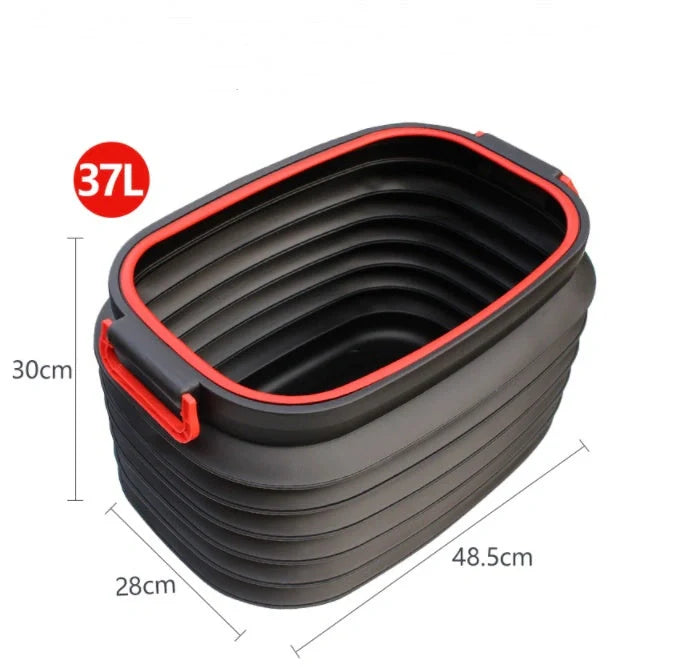 Vehicle-mounted retractable fishing car washing bucket in black and red