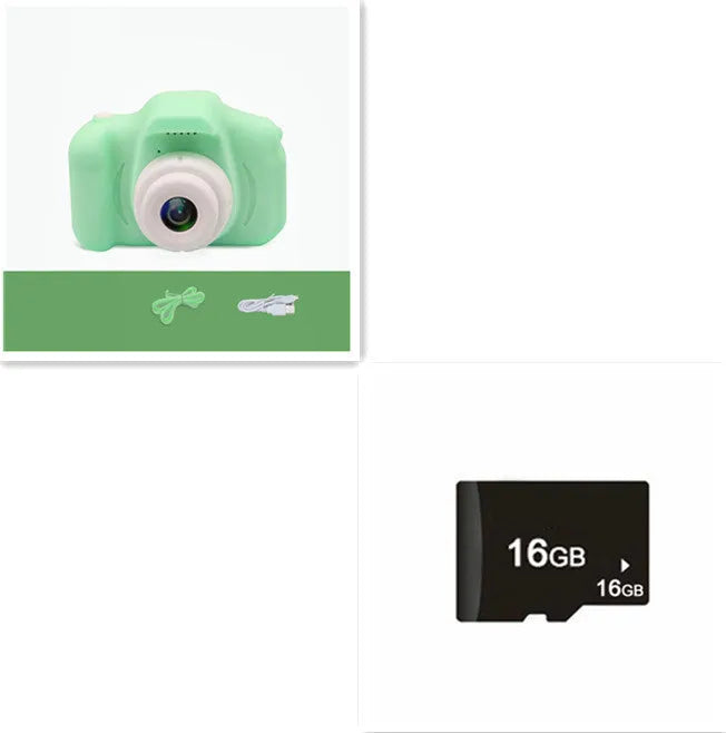 Colourful kids digital camera with silicone case showing 2-inch screen and lens.