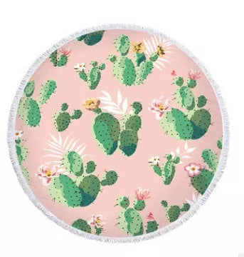 Round microfiber beach towel with cactus design, 60 inches in diameter