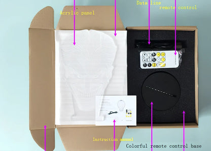 3D night light with touch controls and remote, seven colour options, acrylic construction with ABS base