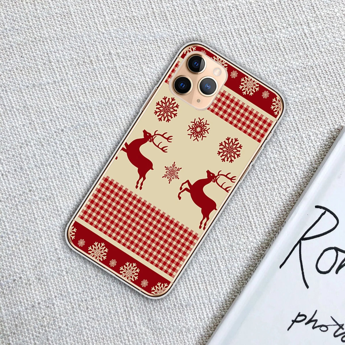 Christmas transparent phone case with festive design for iPhone models, available in eight styles.