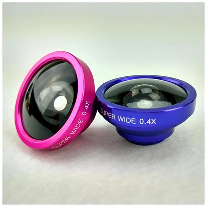 Black 3-in-1 mobile phone camera lens kit showing fisheye, wide angle and macro lenses with a universal clip