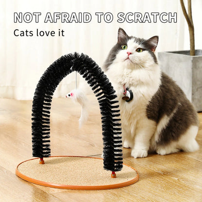 Black arch-shaped cat grooming brush with scratching fibre and an attached mouse toy on a non-slip base