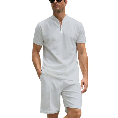 Men's solid colour polo shirt suit set with short sleeves, showing top and trousers in beaded bird's eye fabric