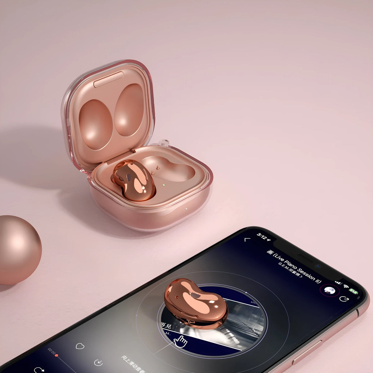 Transparent clamshell-style Bluetooth earphone case in translucent black, gold, purple, and clear colours.