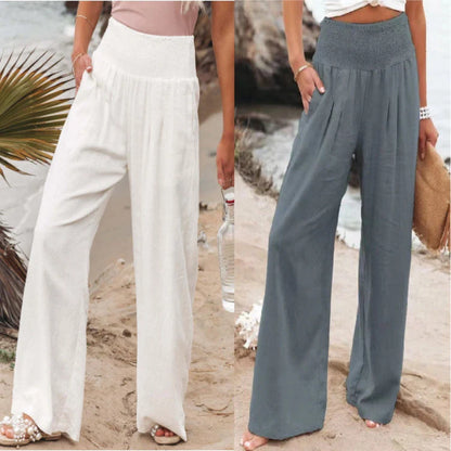 Women's wide leg casual pants in cotton linen blend, available in multiple colors