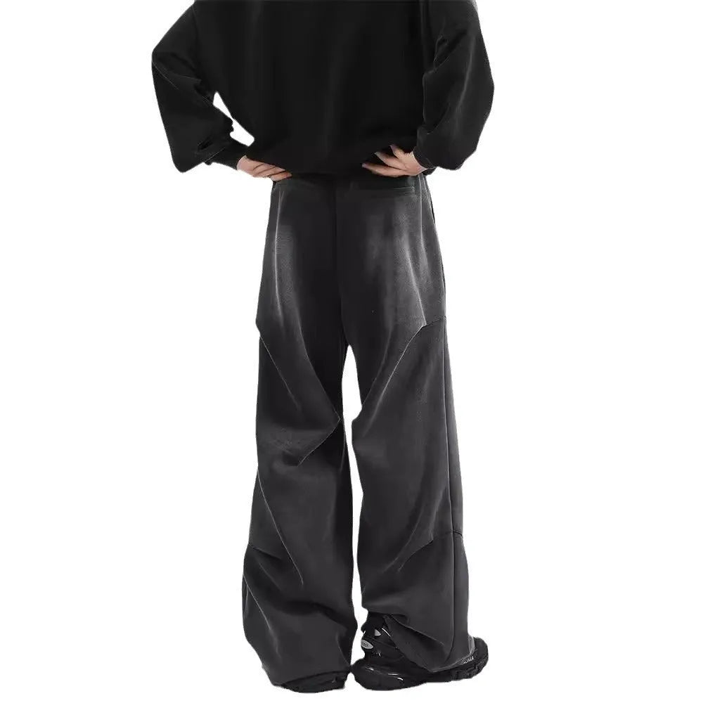 Men's cotton straight-leg sweatpants in black and gray with pleated washed finish and elastic waist