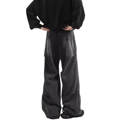 Men's cotton straight-leg sweatpants in black and gray with pleated washed finish and elastic waist
