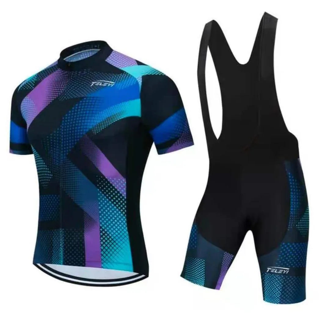 Cycling jersey and trousers set in a technical fabric, shown in multiple colour styles for summer riding.